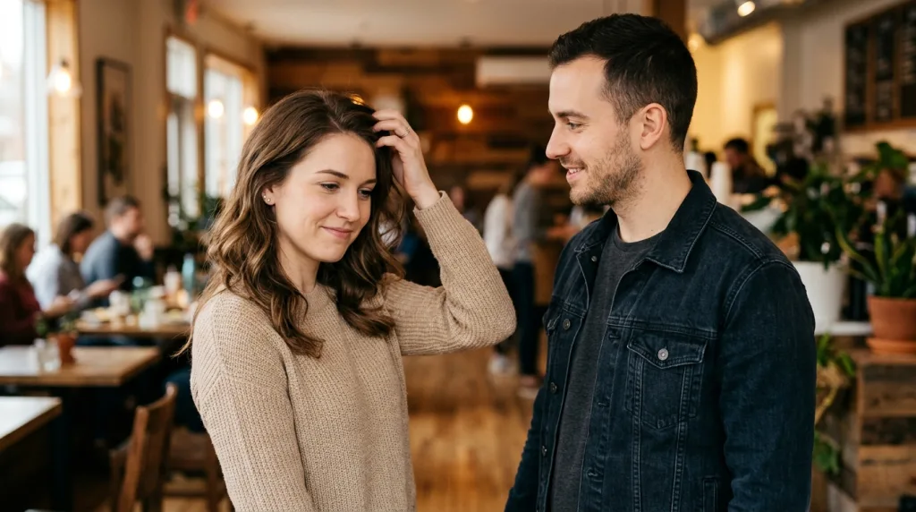 Une femme qui touche ses cheveux devant un homme : gestes et significations